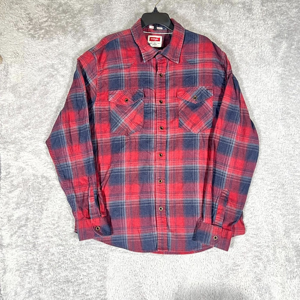 Wrangler Flex for Comfort Shirt Mens Large Red Stretch Plaid Workwear Button Up